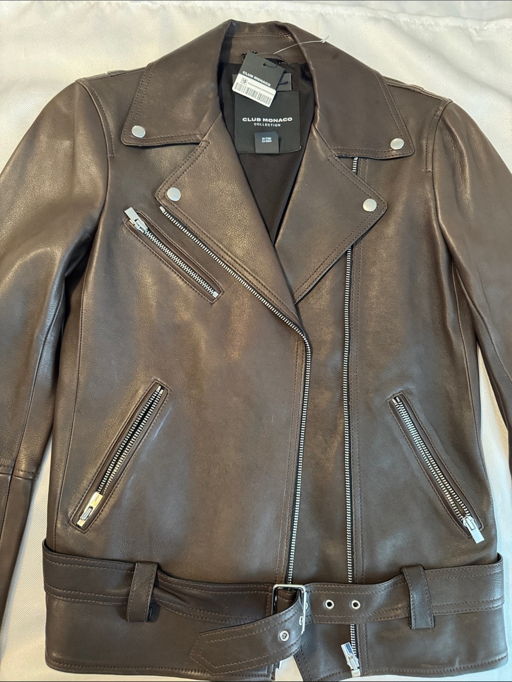 Club Monaco Brown Leather Moto Jacket with Belt